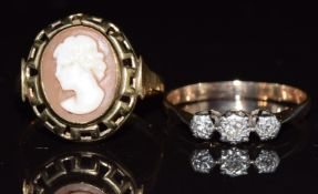 Two 9ct gold rings, one set with diamonds the other a cameo, 4.8g, size P