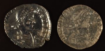 Imperial Roman coinage AD393-423 Hondrius two silver Siliqua coins, one Roma seated the other VOT.