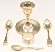 Hallmarked silver candlestick, height 10.5cm, three hallmarked silver teaspoons and a Scottish