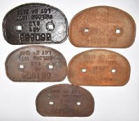 Five cast iron railway wagon plates, all for 46 ton wagons built at Shildon, dates 1971, 1977 and