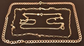 A 9ct gold curb link necklace and two 9ct gold chains/ necklaces, 12.7g, all approx 42cm long