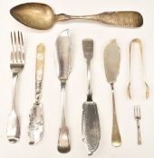 William IV and later hallmarked silver cutlery to include Fiddle pattern butter knives, George Unite