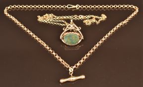A 9ct gold necklace/ fob chain, a 9ct gold swivel fob set with agate and a 9ct gold chain, 20.8g