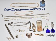 A collection of costume jewellery including Oris watch, a pair of silver gilt earrings set with