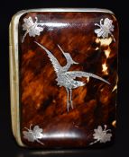 Late 19th/early 20thC French silver inlaid metal bound piqué purse decorated with a stork or crane