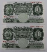 A consecutive pair of 1950s O'Brien £1 banknotes