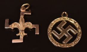 A 9ct rose gold swastika pendant and a 9ct rose gold scouting swastika pendant, 3.6g
