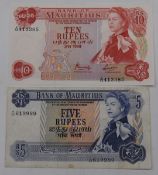 Mauritius ten Rupees banknote together with a five Rupees example