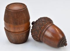 Two 19thC treen nutmeg graters, length of larger 6cm