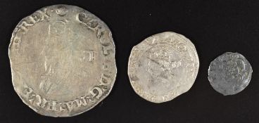 Charles I three Tower mint coins comprising a sixpence 1636-8, half groat 1625-42 and a halfpenny (
