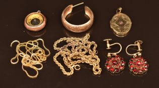 A 9ct gold chain, 9ct gold locket (8.5g), compass charm, silver gilt earrings set with Bohemian