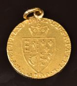 A 1790 gold George III coin with pendant loop to top, 8.9g