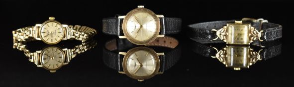 Three 9ct gold ladies wristwatches comprising Longines automatic ref 7454 with gold hands and hour