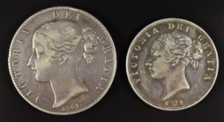 Victoria young head 1847 crown, Seaby 3882 (GF/F) together with an 1874 half crown 1874, Seaby