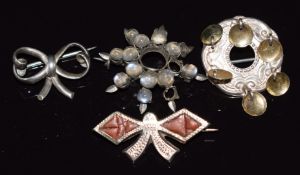 A group of brooches including Charles Horner, Victorian moonstone set, Scottish agate and silver