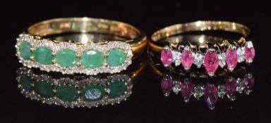 Two 14k gold rings, one set with marquise cut rubies and diamonds the other with emeralds and