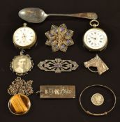 A collection of jewellery, some silver including fob watches, brooch, pendant set with tiger's
