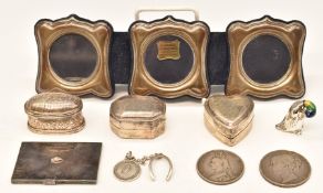 Hallmarked silver triple photograph frame, overall length 22.5cm, two Victorian coins, three