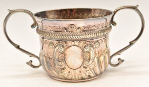 Victorian hallmarked silver porringer in the Queen Anne or Georgian style, with wrythen and embossed