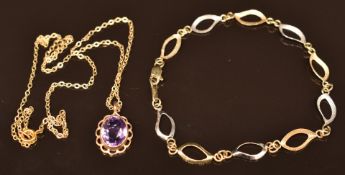 A 9ct gold pendant set with an amethyst, a 9ct gold chain and 9ct bi-coloured gold bracelet, 4.9g
