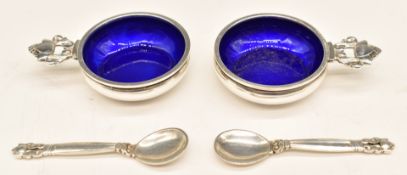 Georg Jensen pair of hallmarked silver and blue enamel Acorn salts, design number 62, import marks