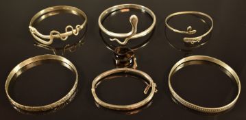 Three white metal serpent/ snake bangles, tortoiseshell snake ring, and thee bangles including two
