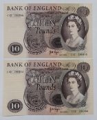 A consecutive pair of uncirculated Bank of England 1971 Page £10 banknotes C12 295454/295455