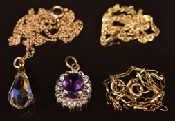 Two 9ct gold bracelets, a 9ct gold chain and a 9ct gold pendant set with an amethyst and diamonds,