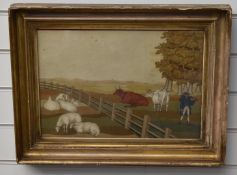 An early 19thC fine woolwork embroidery pastoral landscape decorated with sheep, longhorn cattle and