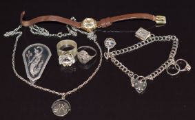 A 9ct gold watch, silver charm bracelet, silver necklace and silver rings
