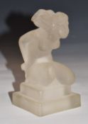 Glass nude lady sitting in the wind, on square base, possibly ex vintage car mascot, height 12cm