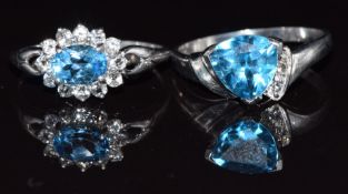 Two 9k white gold rings both set with blue topaz and white topaz, 4.8g, size Q