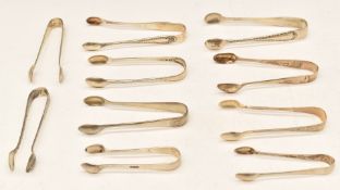 Ten various sets of hallmarked silver sugar tongs including apostle examples, weight 179g