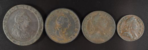 Four copper coins of George III comprising a 1797 cartwheel penny, 1799 halfpenny, 1772 halfpenny