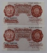 A consecutive pair of Bank of England O'Brien uncirculated 1955 10 shilling banknotes T74Y609586/
