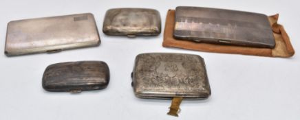 Five various hallmarked silver cigarette cases including Art Deco engine turned examples, weight