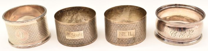 Four various hallmarked silver napkin rings, weight 94g
