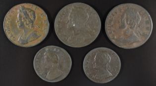 Five coins comprising George II halfpence 1734 young bust, 1745 and 1746 old bust examples and two