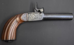 French percussion hammer action pocket pistol with engraved locks, top plate and folding trigger,