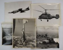 Six Royal Air Force interest photographs including RAF Chivenor Hawker Hunter, Russian helicopter
