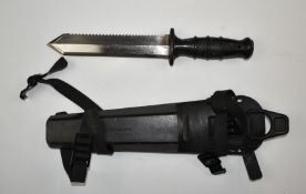 Royal Navy diver's knife with rubber handle, 19cm double edged blade, one edge serrated, number NS