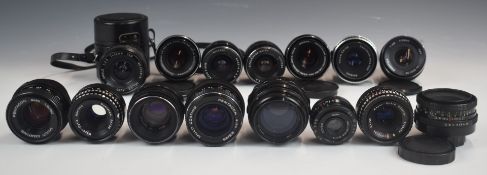 Fifteen SLR or similar camera lenses with M42 Praktica mounts, to include Carl Zeiss Jena Tessar 2.