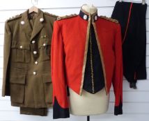 Two British Army uniforms, one a mess kit with Captain rank insignia and ACF shoulder badge, the