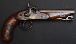 Weatherhead Walters & Co of Derby percussion hammer action overcoat pistol with named and engraved