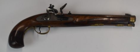 Pedersoli .44 flintlock pistol with engraved lock and hammer, brass trigger guard and mounts,
