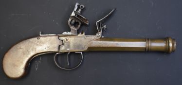 Flintlock pistol with line engraved brass lock, thumb slide safety, walnut grip and 5 inch smooth