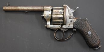 German Lefaucheux type 12-shot double-action pinfire revolver with chequered wooden grips, belt