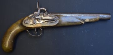 Percussion hammer action pistol with engraved miquelet lock, brass butt plate and 9 inch smooth