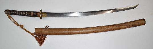 Japanese katana Samurai sword with shagreen handle, embossed brass tsuba, engraved copper fuchi,