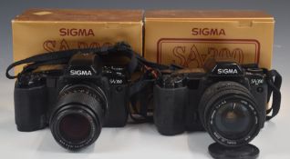 Two Sigma SA-300 35mm SLR cameras, one with Sigma UC zoom 28-105mm 1:4-5.6 lens, the other a Carl